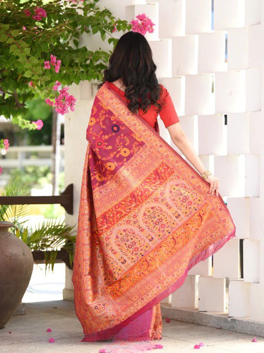 Kashmiri Weaving Pink Saree - Banarasi Soft Silk Colorful Saree