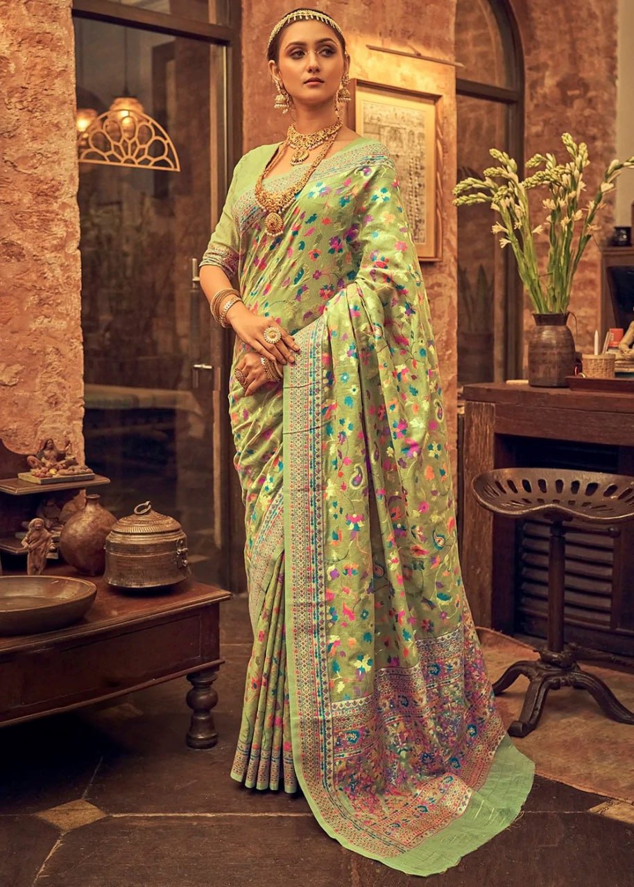 Kashmiri Weaving Pista Green Saree - Banarasi Soft Silk Colorful Saree