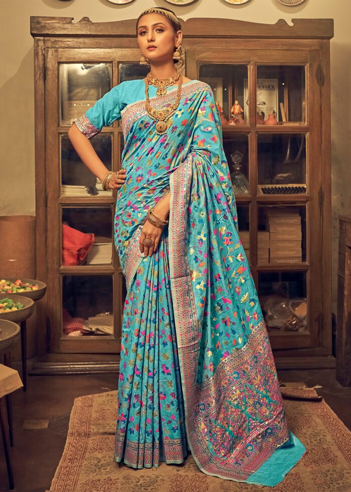 Kashmiri Weaving Sky Blue Saree - Banarasi Soft Silk Colorful Saree