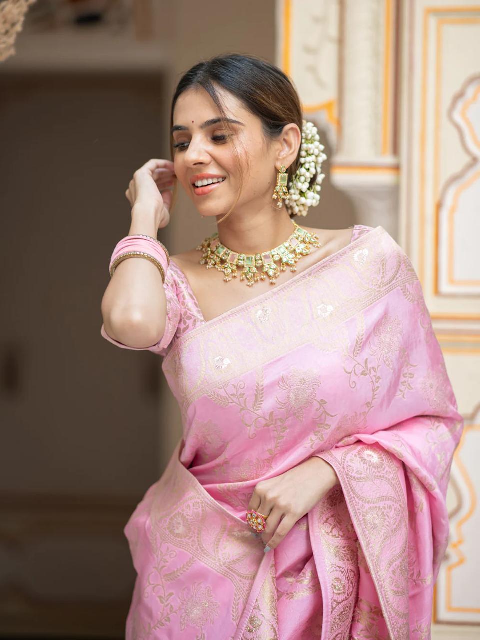 Luxurious 5.5 Meter Banarasi Soft Silk Baby Pink Saree with Gold Zari Weaving Colorful Saree