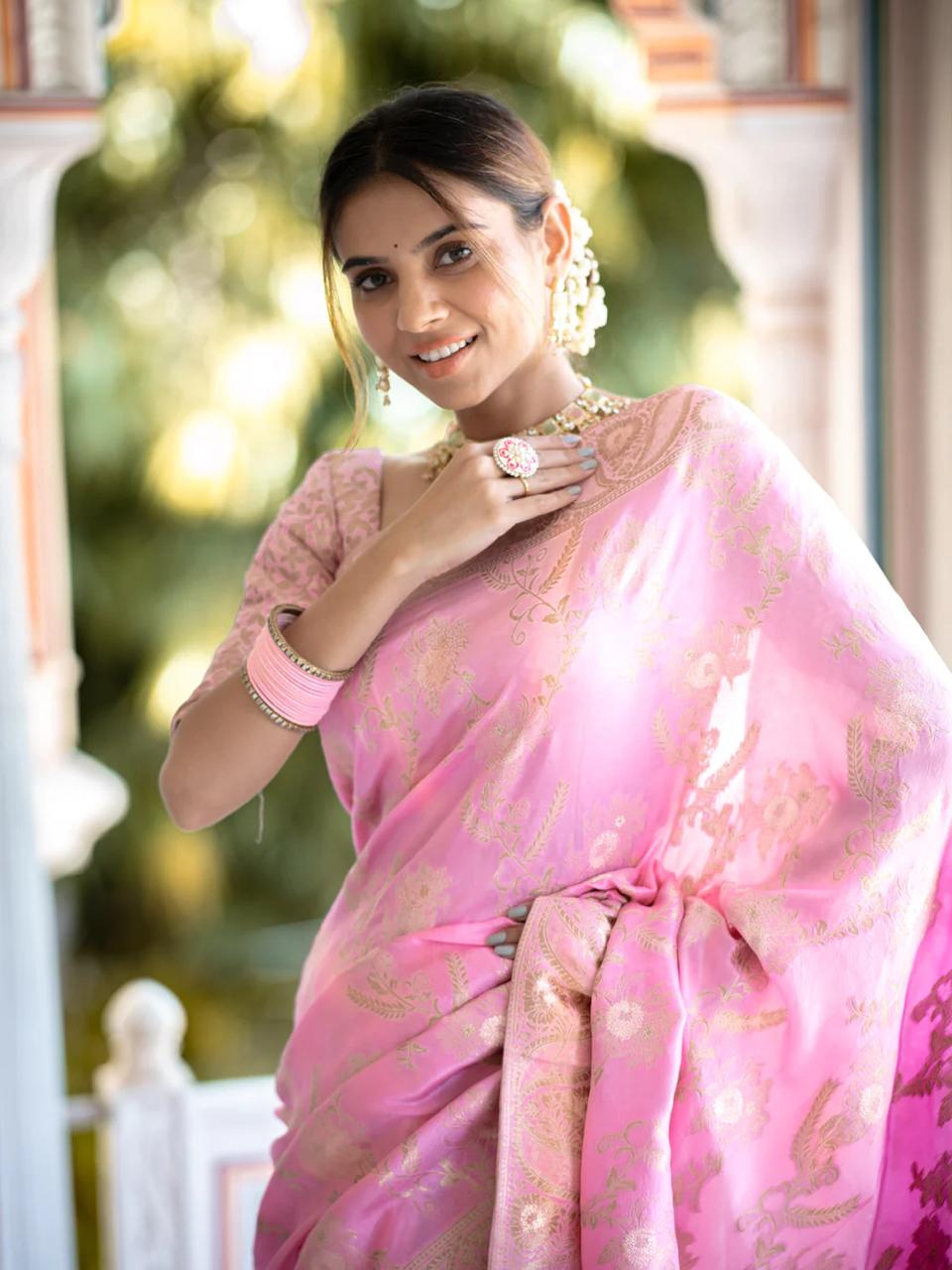 Luxurious 5.5 Meter Banarasi Soft Silk Baby Pink Saree with Gold Zari Weaving Colorful Saree