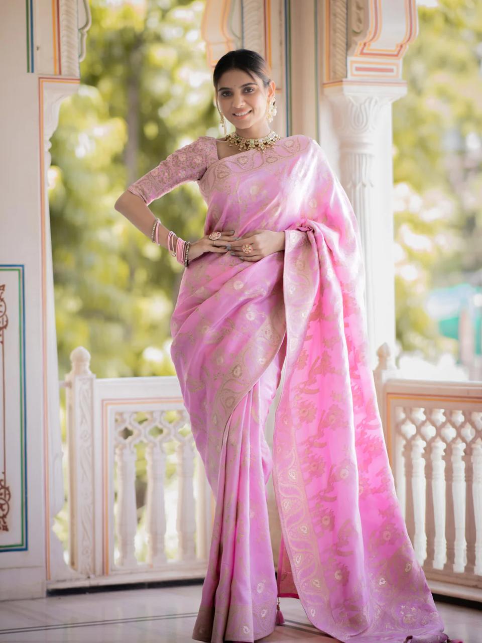 Luxurious 5.5 Meter Banarasi Soft Silk Baby Pink Saree with Gold Zari Weaving Colorful Saree