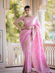 Luxurious 5.5 Meter Banarasi Soft Silk Baby Pink Saree with Gold Zari Weaving Colorful Saree