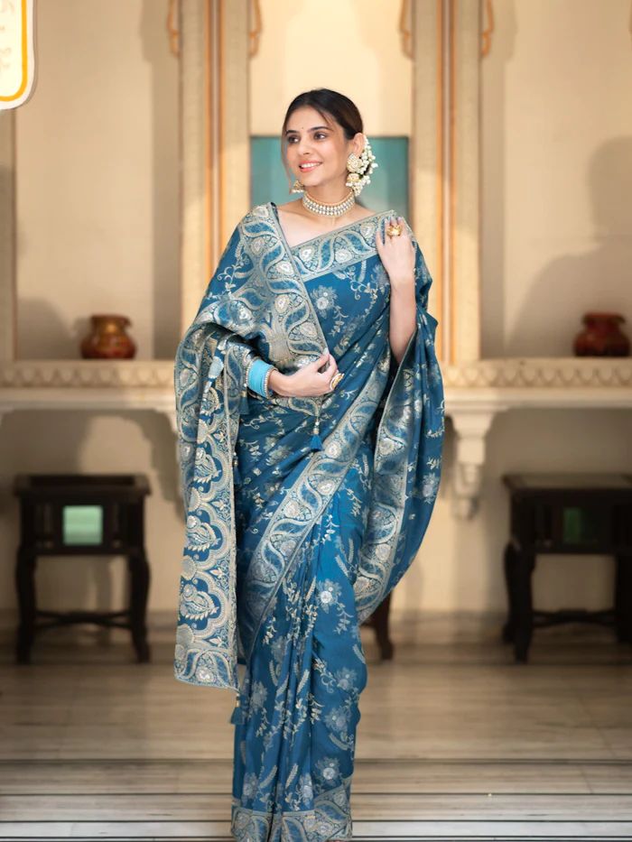 Luxurious 5.5 Meter Banarasi Soft Silk Blue Saree with Gold Zari Weaving Colorful Saree