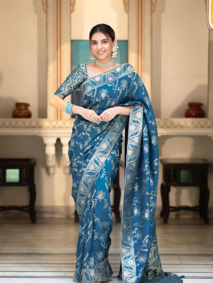 Luxurious 5.5 Meter Banarasi Soft Silk Blue Saree with Gold Zari Weaving Colorful Saree