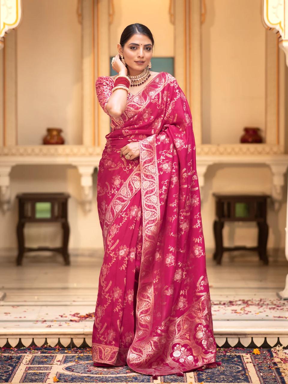 Luxurious 5.5 Meter Banarasi Soft Silk Pink Saree with Gold Zari Weaving Colorful Saree