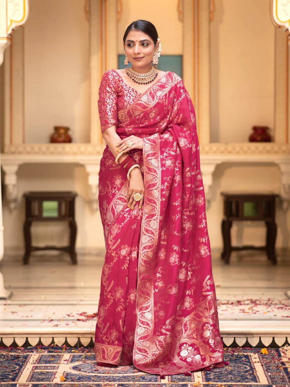 Luxurious 5.5 Meter Banarasi Soft Silk Pink Saree with Gold Zari Weaving Colorful Saree