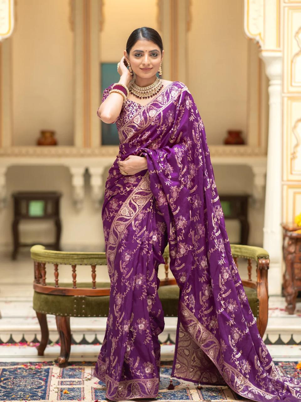 Luxurious 5.5 Meter Banarasi Soft Silk Purple Saree with Gold Zari Weaving Colorful Saree