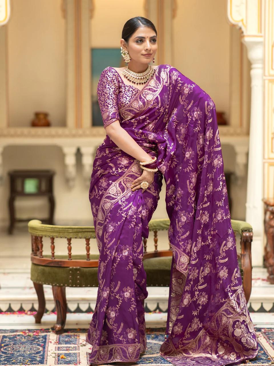 Luxurious 5.5 Meter Banarasi Soft Silk Purple Saree with Gold Zari Weaving Colorful Saree