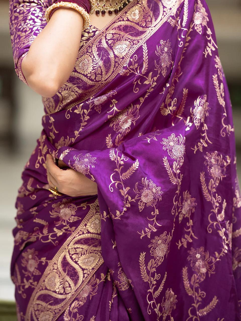 Luxurious 5.5 Meter Banarasi Soft Silk Purple Saree with Gold Zari Weaving Colorful Saree