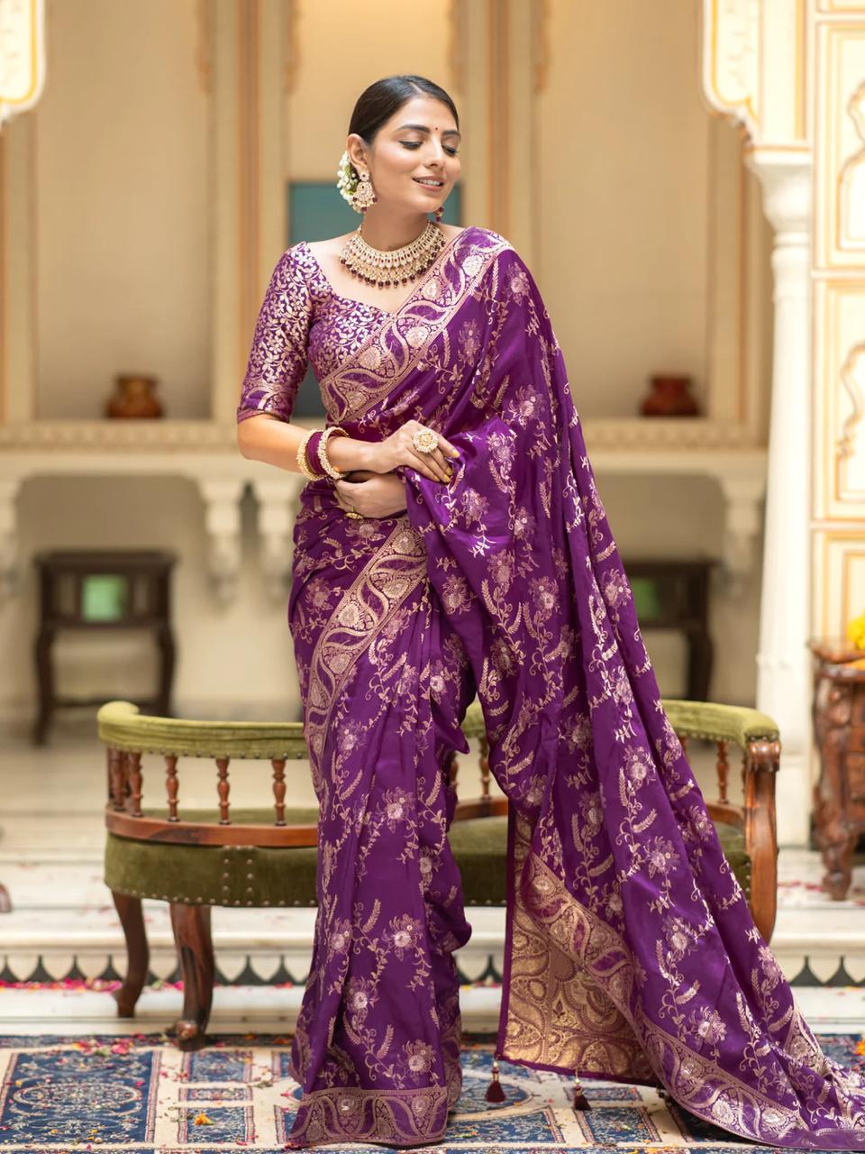 Luxurious 5.5 Meter Banarasi Soft Silk Purple Saree with Gold Zari Weaving Colorful Saree