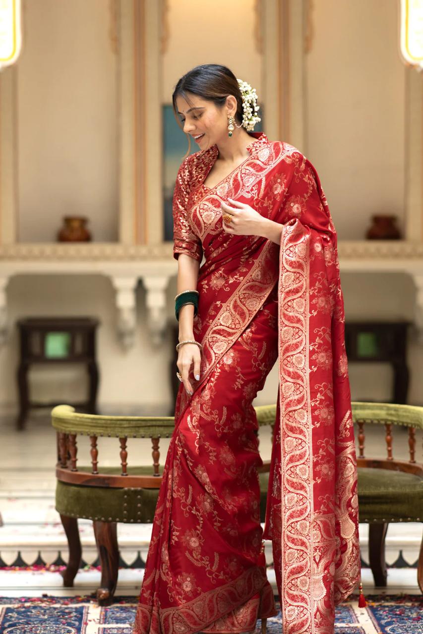 Luxurious 5.5 Meter Banarasi Soft Silk Red Saree with Gold Zari Weaving Colorful Saree