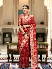 Luxurious 5.5 Meter Banarasi Soft Silk Red Saree with Gold Zari Weaving Colorful Saree