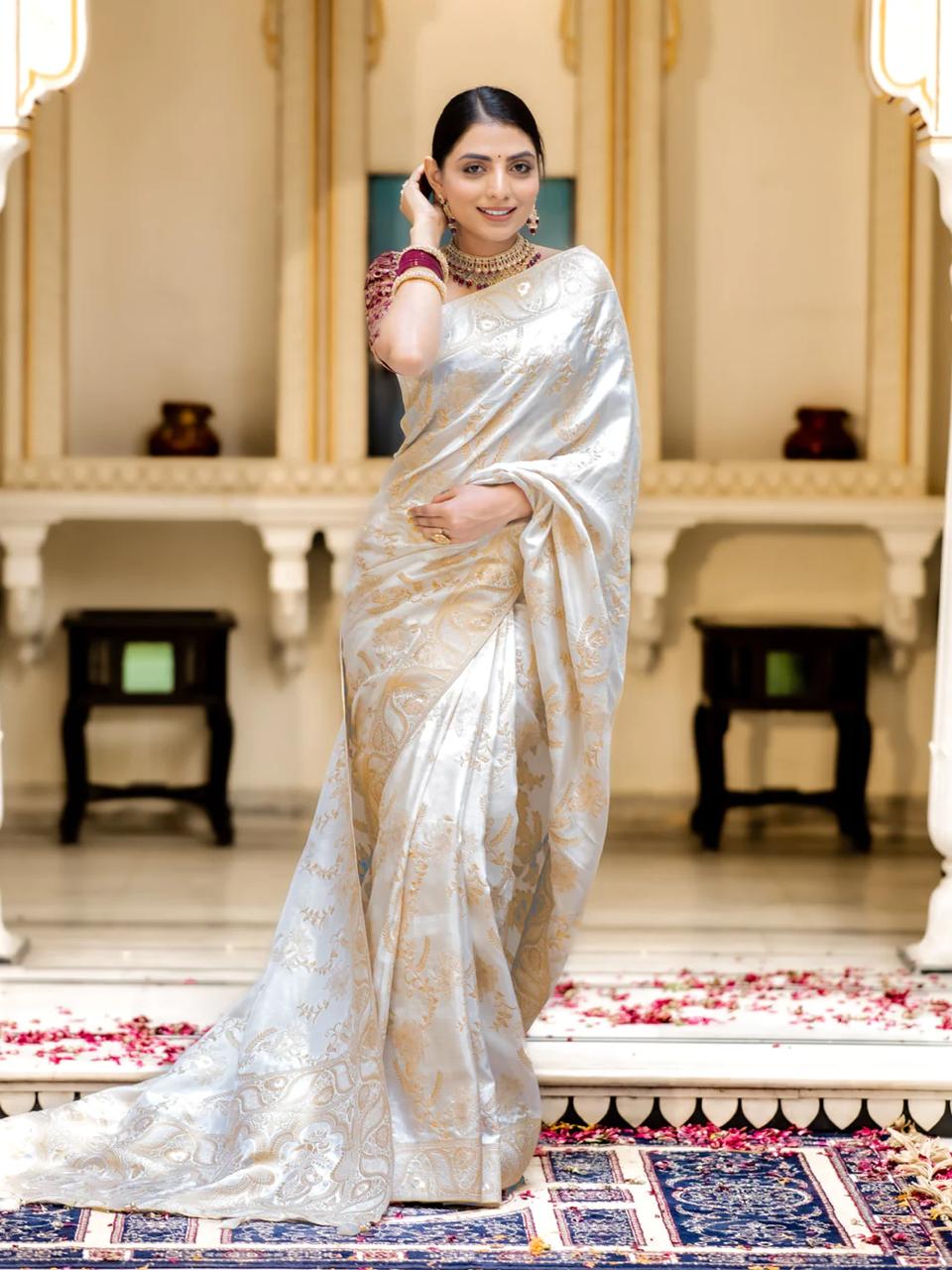 Luxurious 5.5 Meter Banarasi Soft Silk White Saree with Gold Zari Weaving Colorful Saree