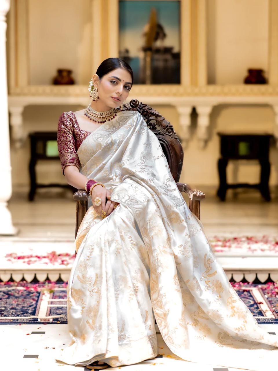 Luxurious 5.5 Meter Banarasi Soft Silk White Saree with Gold Zari Weaving Colorful Saree