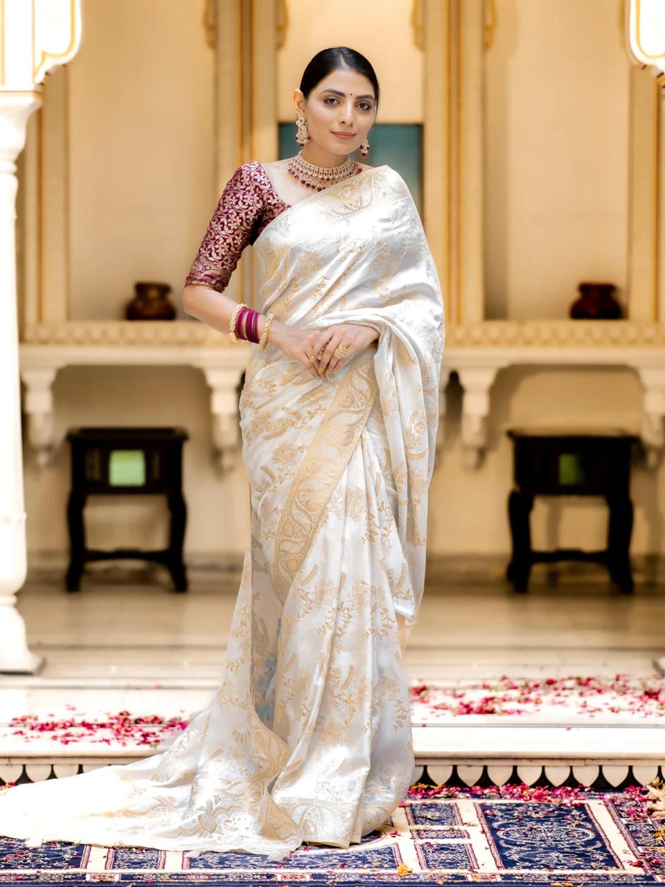 Luxurious 5.5 Meter Banarasi Soft Silk White Saree with Gold Zari Weaving Colorful Saree