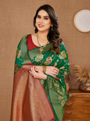 Luxurious Banarasi Silk Green Saree Fabric with Matching Kanjiram Blouse Piece Colorful Saree