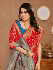 Luxurious Banarasi Silk Orange Saree Fabric with Matching Kanjiwaram Blouse Piece Colorful Saree