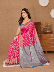 Luxurious Banarasi Silk Pink Saree Fabric with Matching Kanjiwaram Blouse Piece Colorful Saree