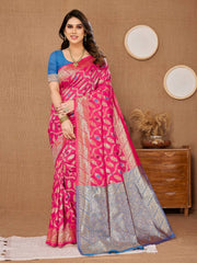 Luxurious Banarasi Silk Pink Saree Fabric with Matching Kanjiwaram Blouse Piece Colorful Saree