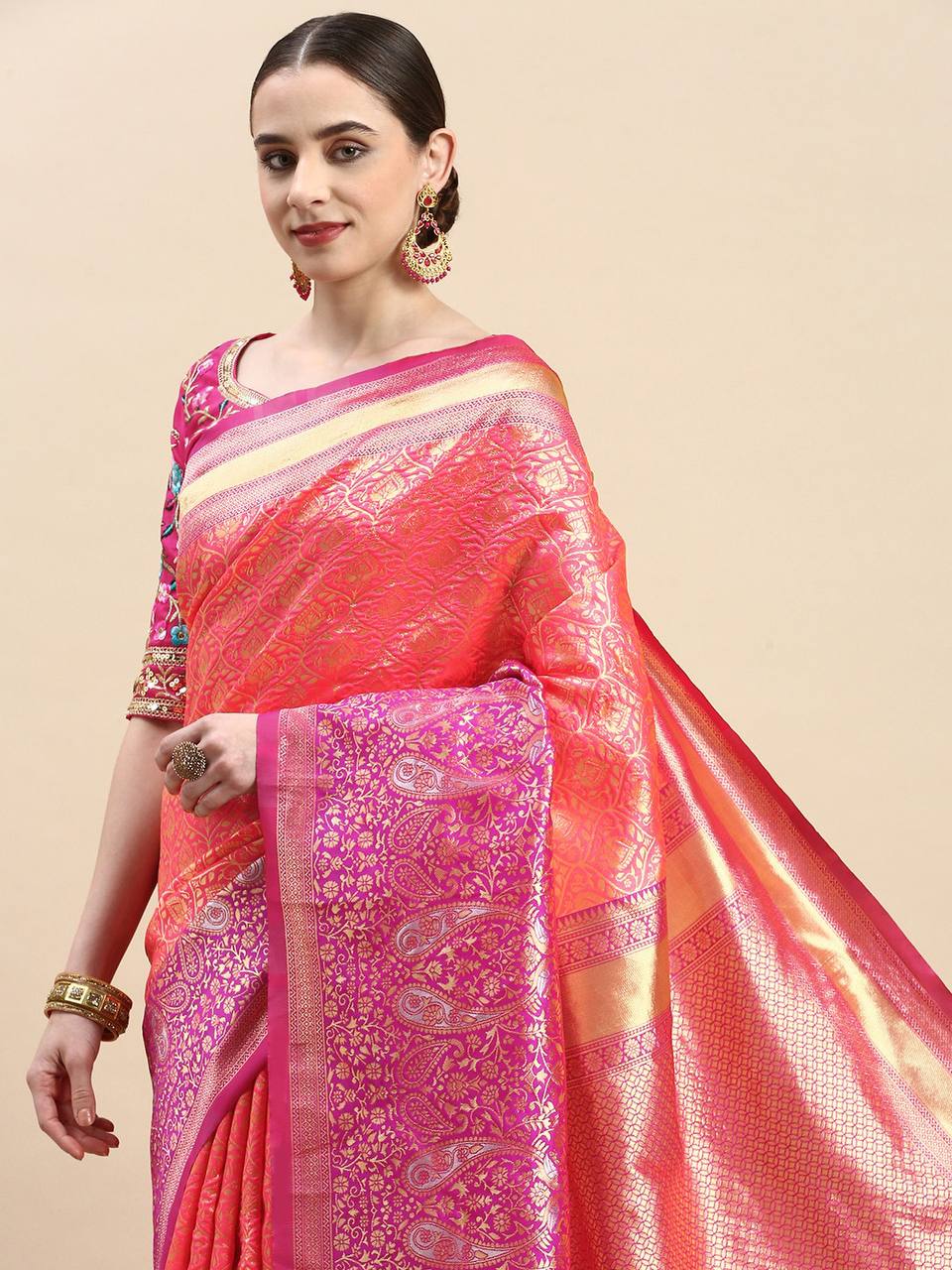 Luxurious Banarasi Silk Saree with Heavily Embroidered Mono Banglory Blouse Colorful Saree