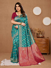 Luxurious Banarasi Silk Sky Blue Saree Fabric with Matching Kanjiwaram Blouse Piece Colorful Saree