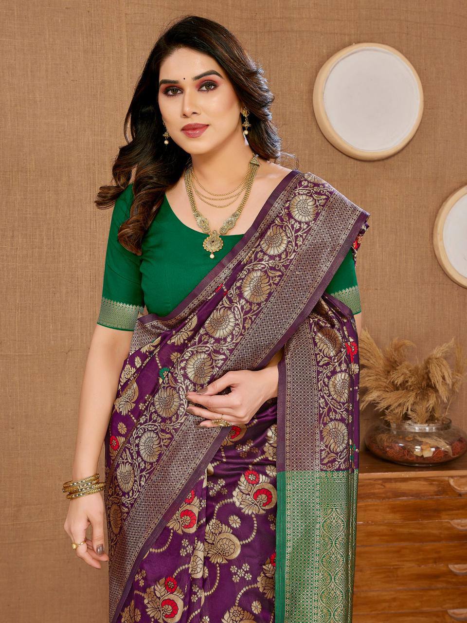 Luxurious Banarasi Silk Wine Saree Fabric with Matching Kanjiram Blouse Piece Colorful Saree