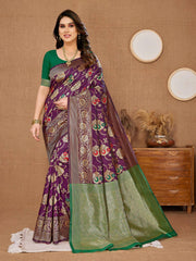 Luxurious Banarasi Silk Wine Saree Fabric with Matching Kanjiram Blouse Piece Colorful Saree