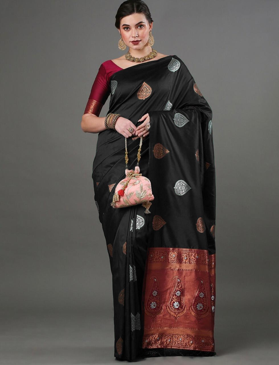 Luxurious Banarasi Soft Silk Black Saree with Copper & Silver Zari Weaving Colorful Saree