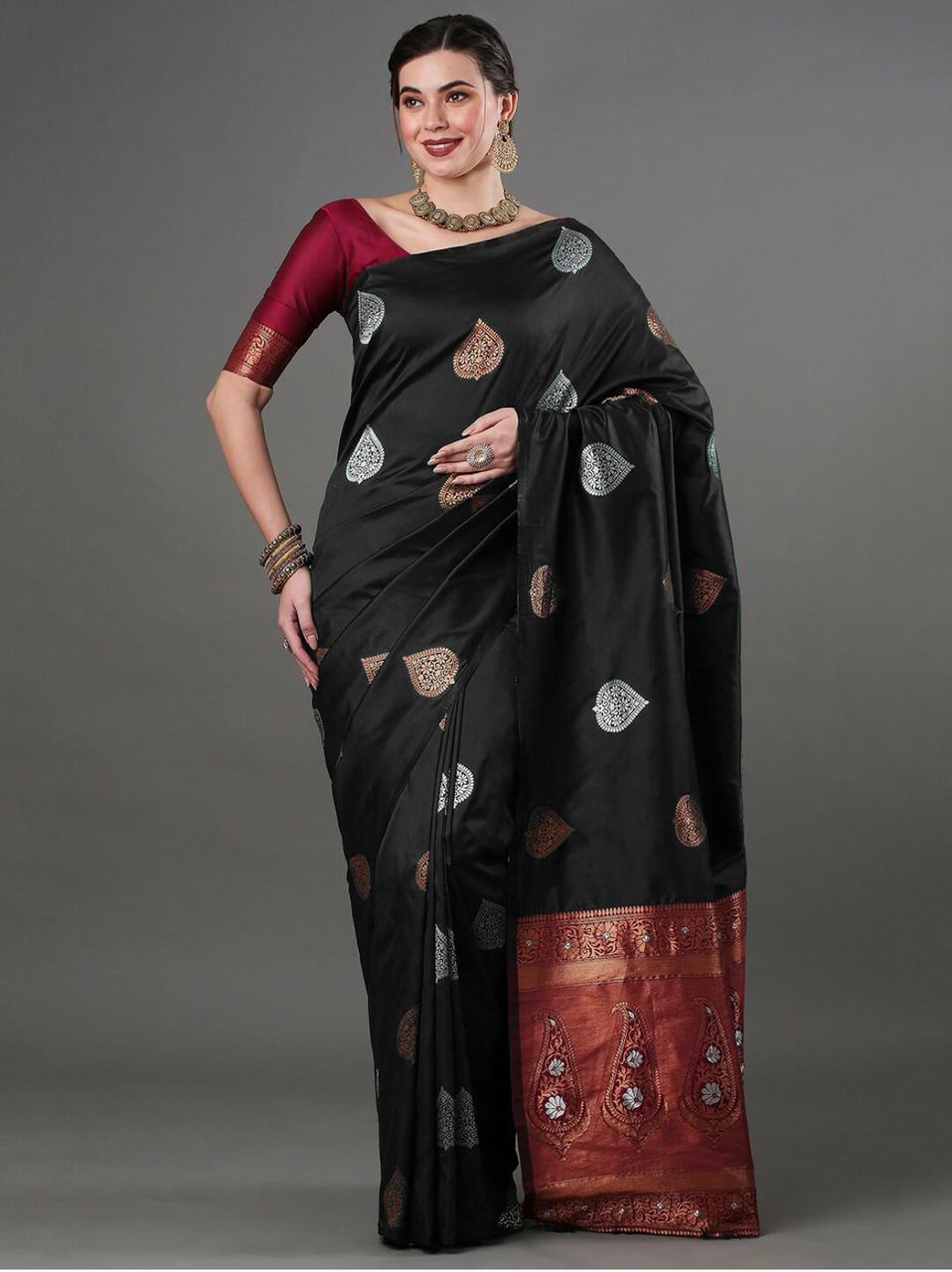 Luxurious Banarasi Soft Silk Black Saree with Copper & Silver Zari Weaving Colorful Saree