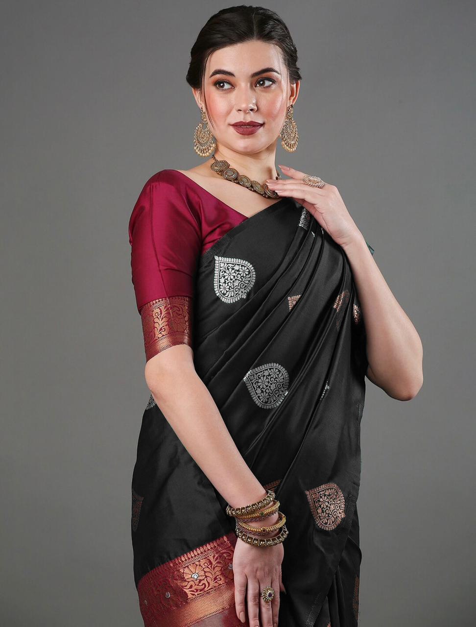 Luxurious Banarasi Soft Silk Black Saree with Copper & Silver Zari Weaving Colorful Saree