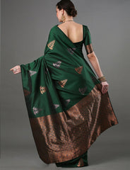 Luxurious Banarasi Soft Silk Dark Green Saree with Copper & Silver Zari Weaving Colorful Saree