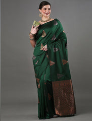 Luxurious Banarasi Soft Silk Dark Green Saree with Copper & Silver Zari Weaving Colorful Saree