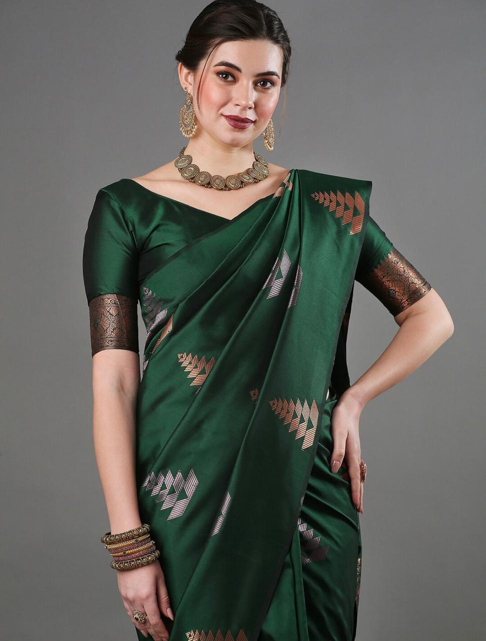 Luxurious Banarasi Soft Silk Dark Green Saree with Copper & Silver Zari Weaving Colorful Saree