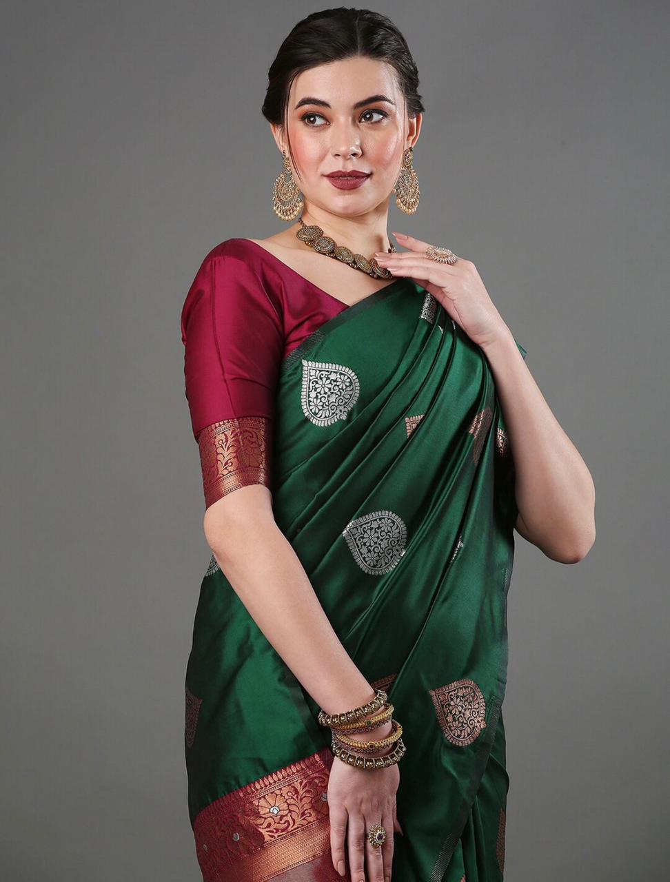 Luxurious Banarasi Soft Silk Dark Green Saree with Copper & Silver Zari Weaving Colorful Saree