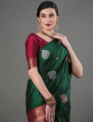 Luxurious Banarasi Soft Silk Dark Green Saree with Copper & Silver Zari Weaving Colorful Saree