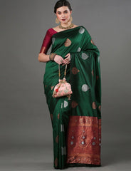 Luxurious Banarasi Soft Silk Dark Green Saree with Copper & Silver Zari Weaving Colorful Saree