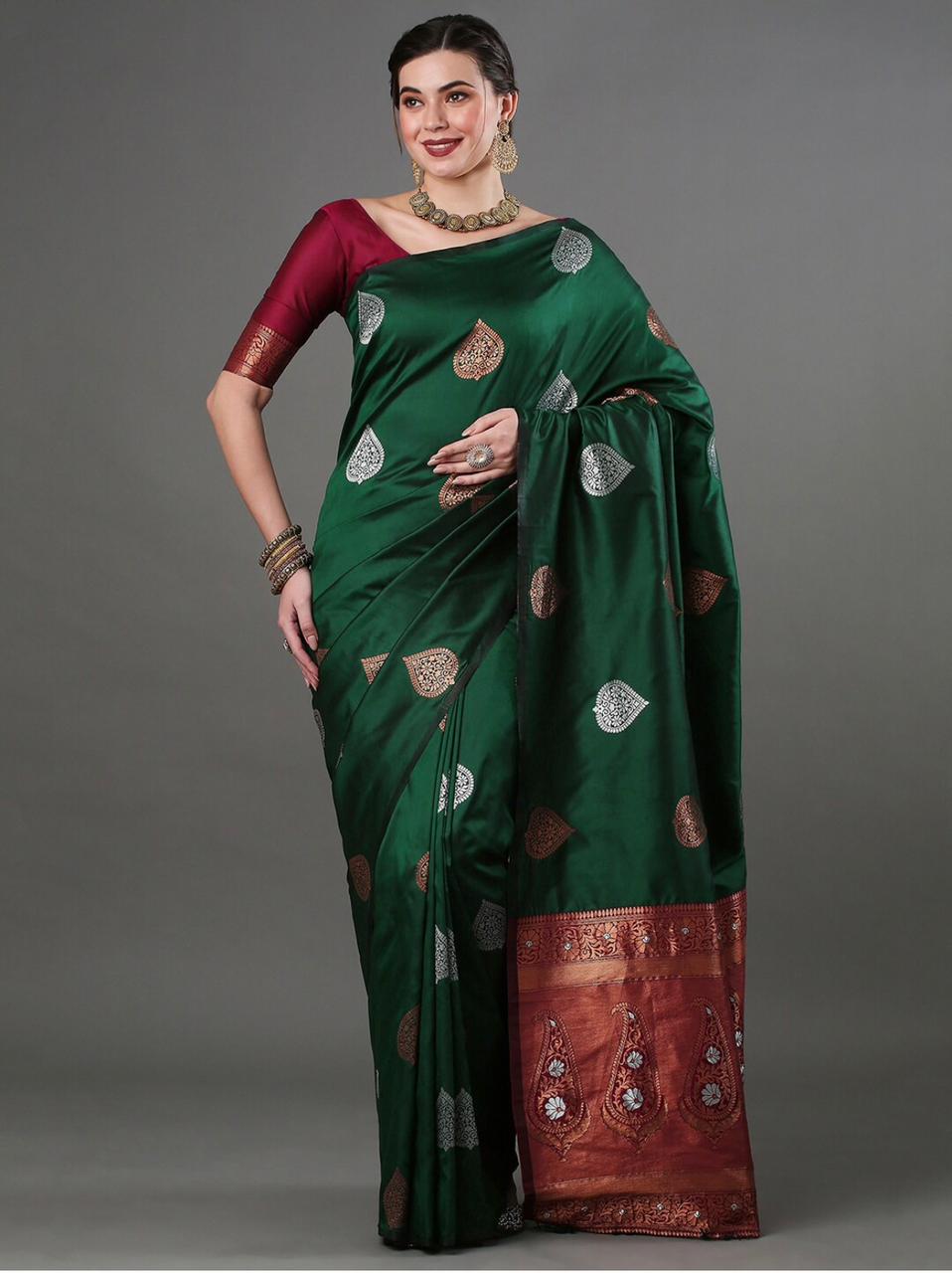 Luxurious Banarasi Soft Silk Dark Green Saree with Copper & Silver Zari Weaving Colorful Saree