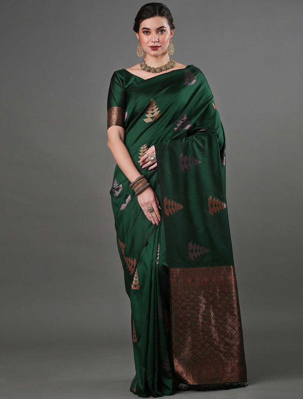 Luxurious Banarasi Soft Silk Dark Green Saree with Copper & Silver Zari Weaving Colorful Saree