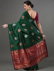 Luxurious Banarasi Soft Silk Dark Green Saree with Copper & Silver Zari Weaving Colorful Saree