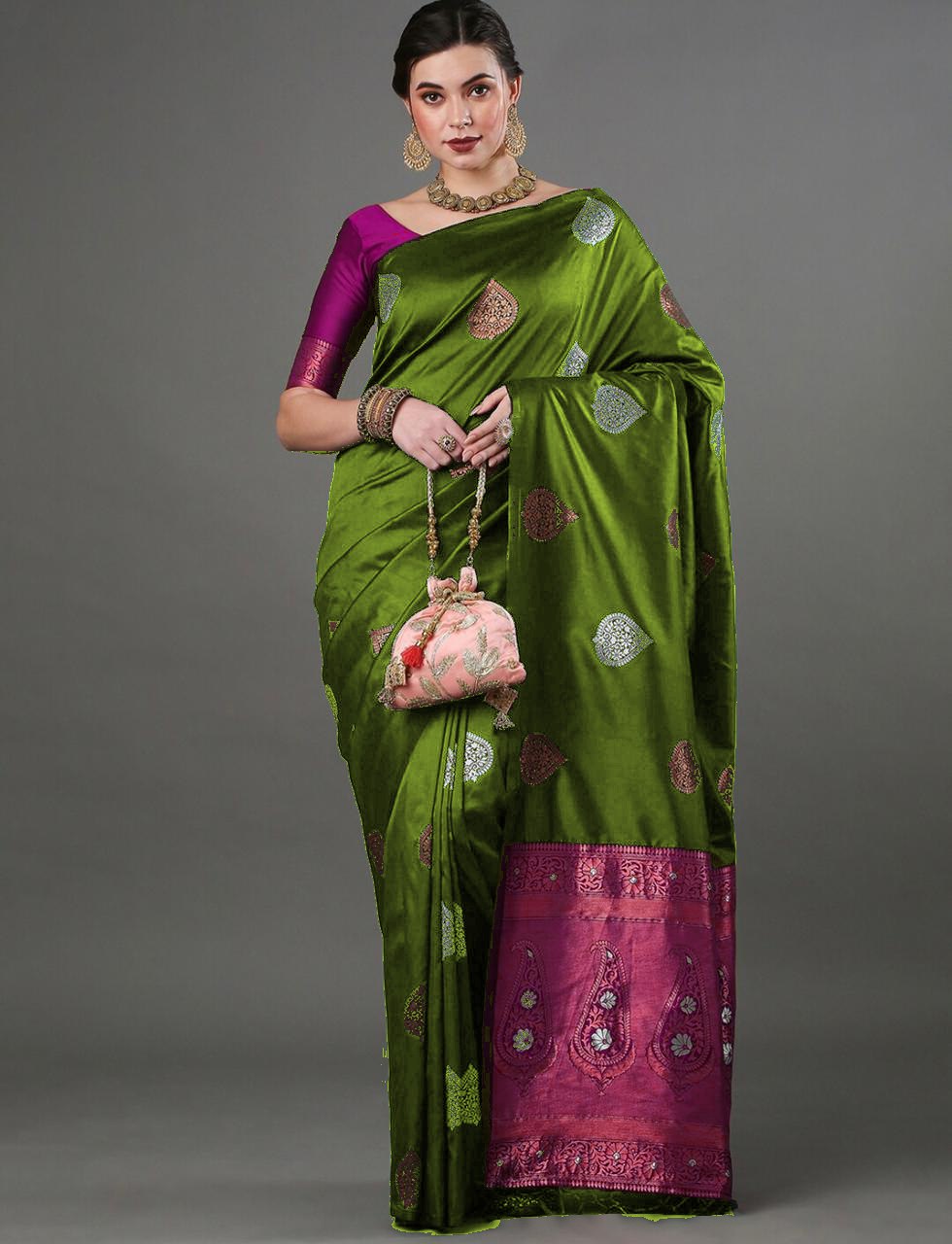 Luxurious Banarasi Soft Silk Green Saree with Copper & Silver Zari Weaving Colorful Saree