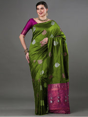 Luxurious Banarasi Soft Silk Green Saree with Copper & Silver Zari Weaving Colorful Saree