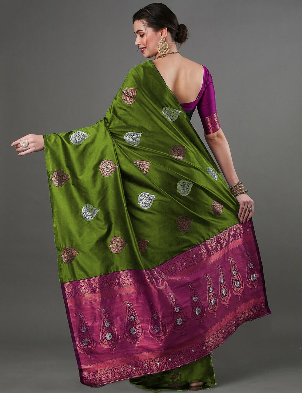 Luxurious Banarasi Soft Silk Green Saree with Copper & Silver Zari Weaving Colorful Saree