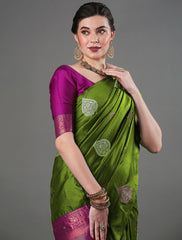 Luxurious Banarasi Soft Silk Green Saree with Copper & Silver Zari Weaving Colorful Saree