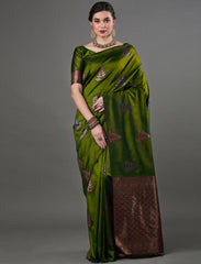 Luxurious Banarasi Soft Silk Mehndi Green Saree with Copper & Silver Zari Weaving Colorful Saree