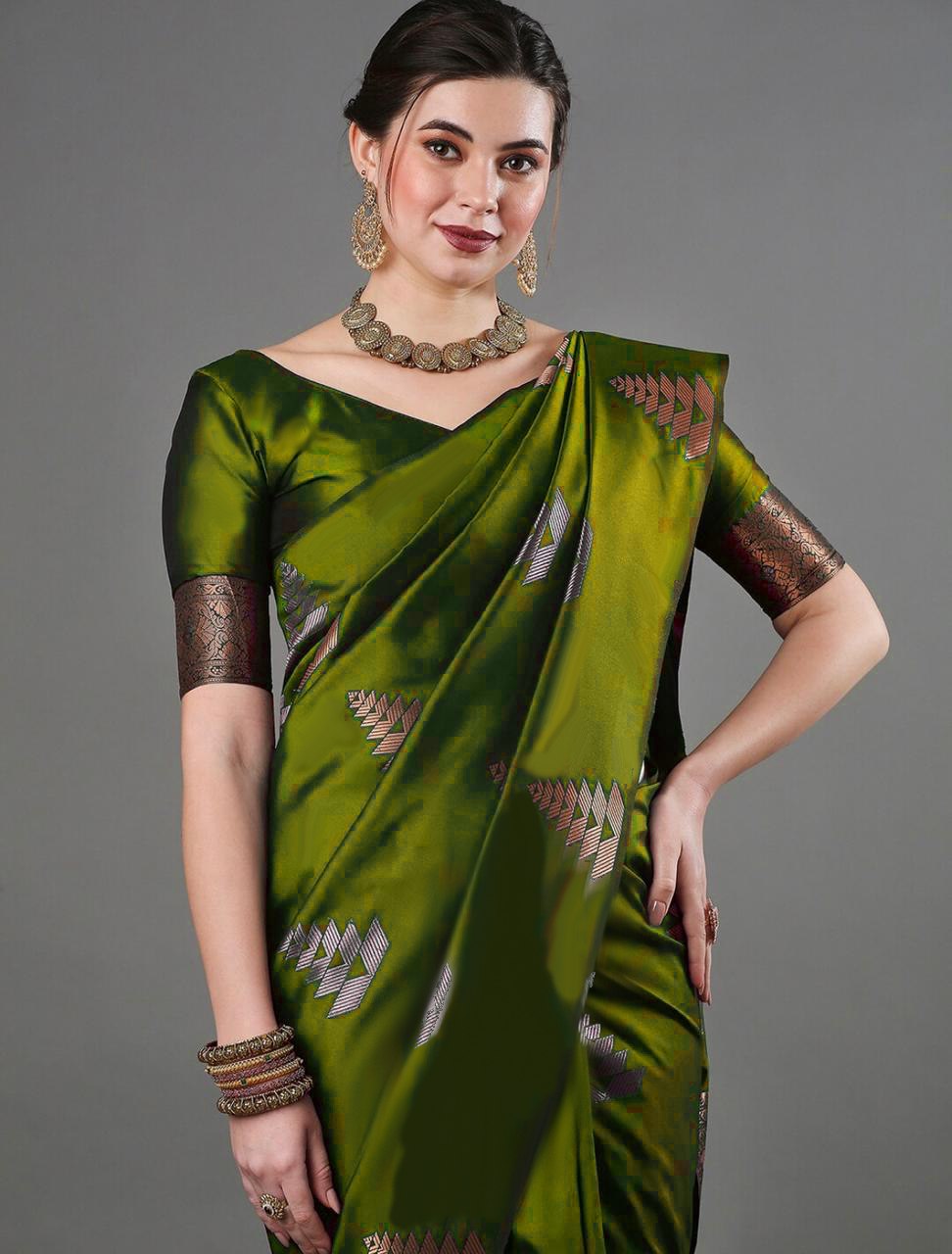 Luxurious Banarasi Soft Silk Mehndi Green Saree with Copper & Silver Zari Weaving Colorful Saree