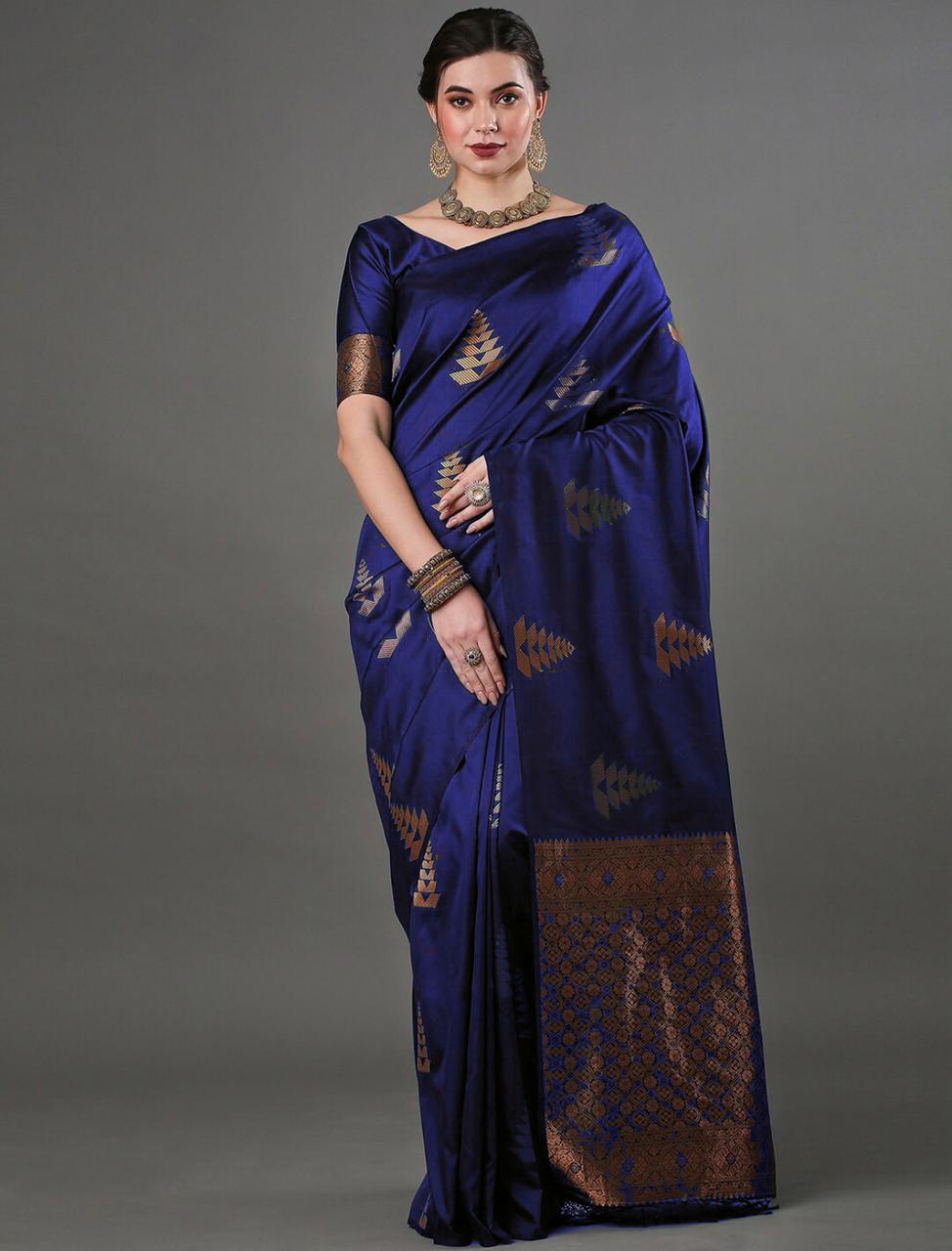 Luxurious Banarasi Soft Silk Royal Blue Saree with Copper & Silver Zari Weaving Colorful Saree