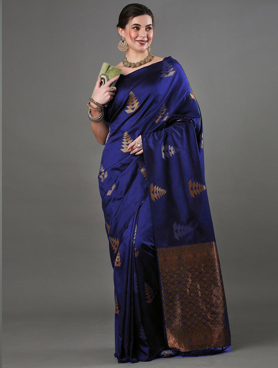 Luxurious Banarasi Soft Silk Royal Blue Saree with Copper & Silver Zari Weaving Colorful Saree