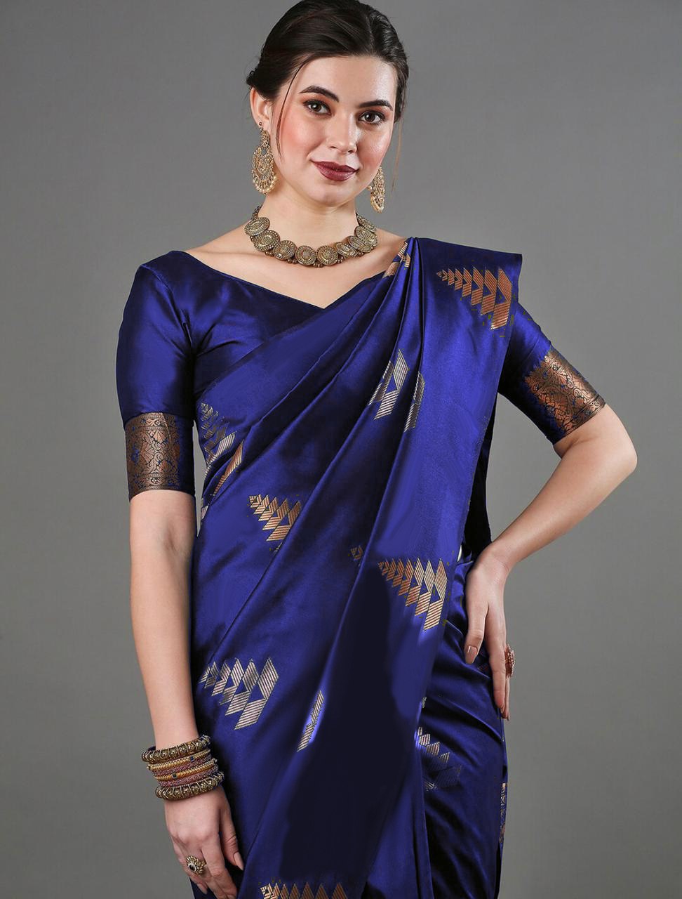 Luxurious Banarasi Soft Silk Royal Blue Saree with Copper & Silver Zari Weaving Colorful Saree