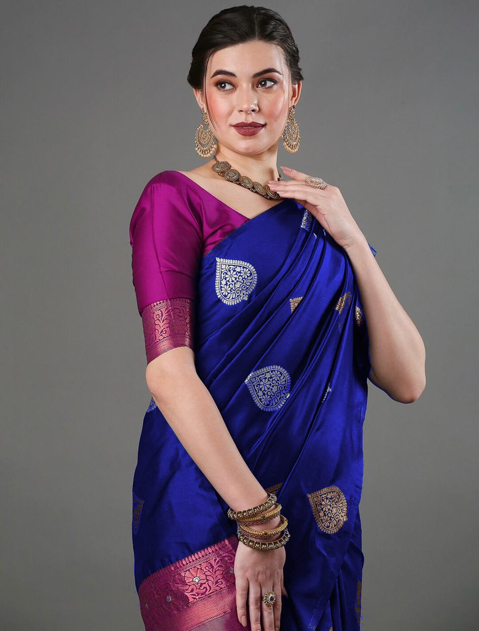 Luxurious Banarasi Soft Silk Royal Blue Saree with Copper & Silver Zari Weaving Colorful Saree